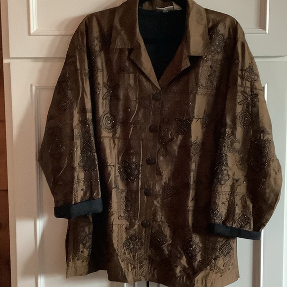 Chico’s Design 100% Silk Embroidery Blazer Jacket Size 2 (Large) Brown Beaded - Picture 5 of 9